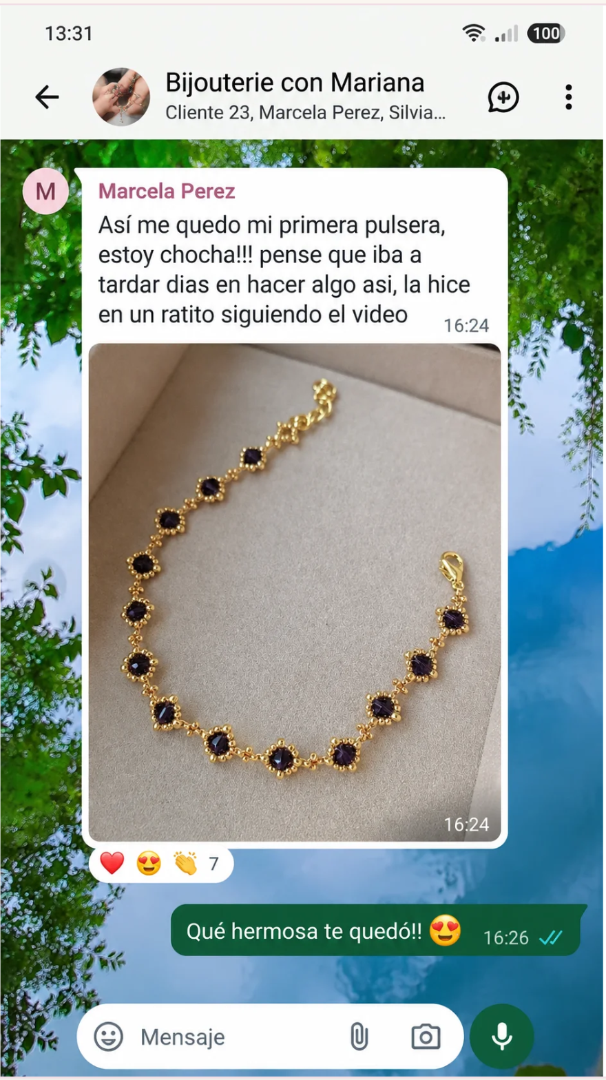 Captura de WhatsApp: alumna muestra su primera pulsera terminada